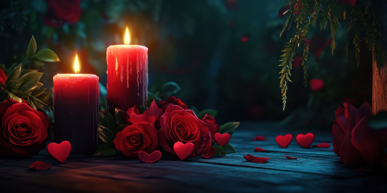Romantic candlelight setting with red roses and heart-shaped decorations during a cozy evening